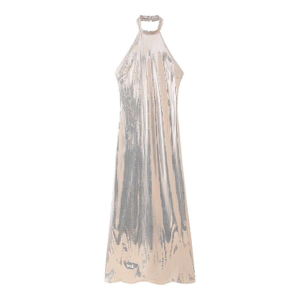 Fall Women Clothing Sequ Hanging Collar Flared Sleeveless Slim Maxi Dress