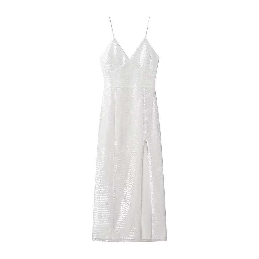 Autumn Winter Sexy Slit Dress Sling Beaded Dress