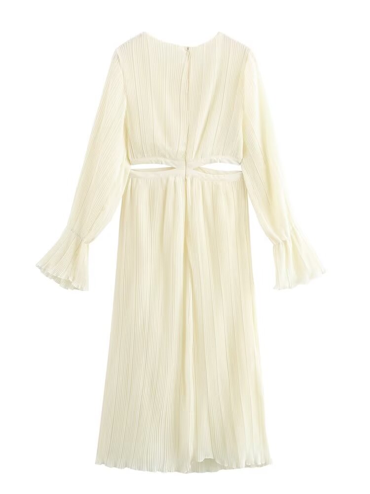 Fall Women Clothing Fashionable Elegant Pleated Waist Hollow Out Cutout Dress