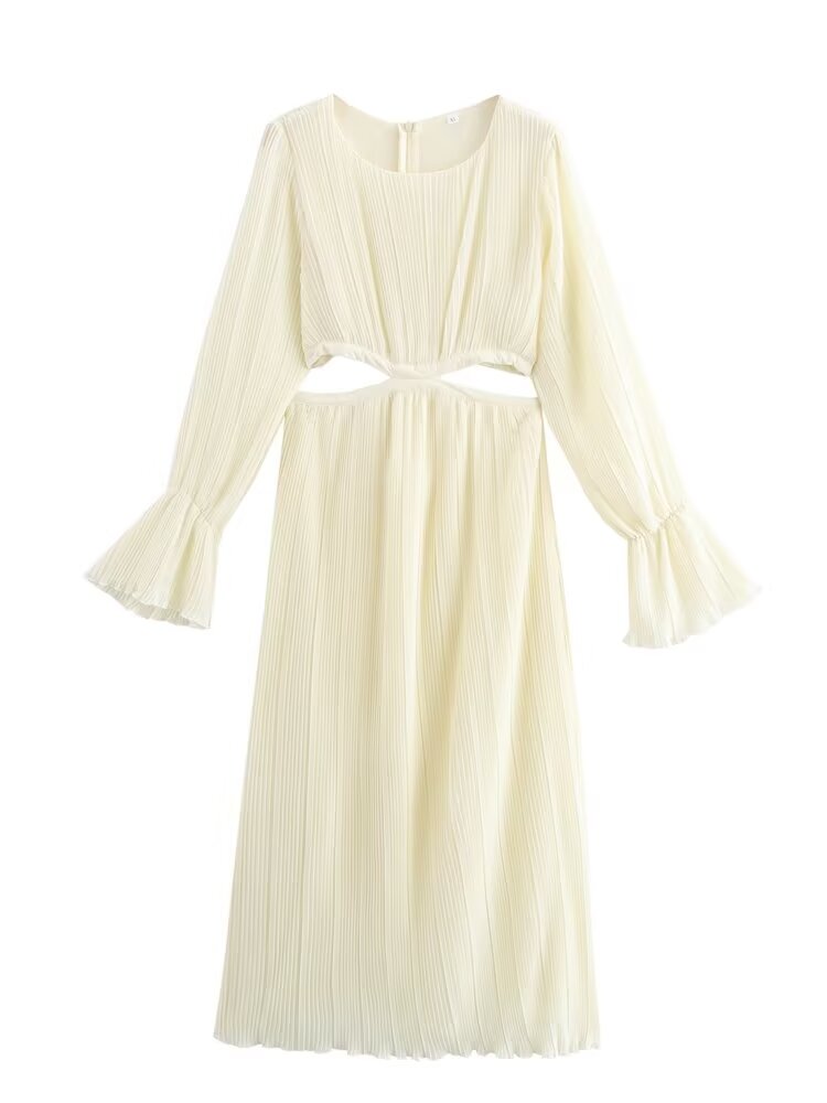 Fall Women Clothing Fashionable Elegant Pleated Waist Hollow Out Cutout Dress
