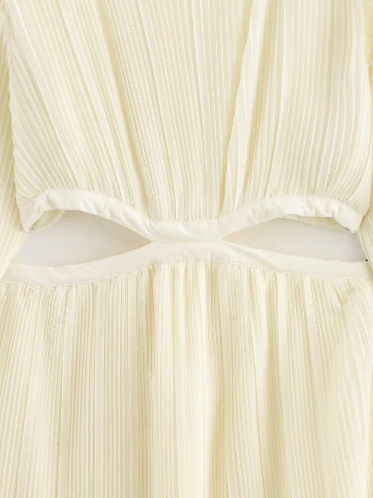 Fall Women Clothing Fashionable Elegant Pleated Waist Hollow Out Cutout Dress