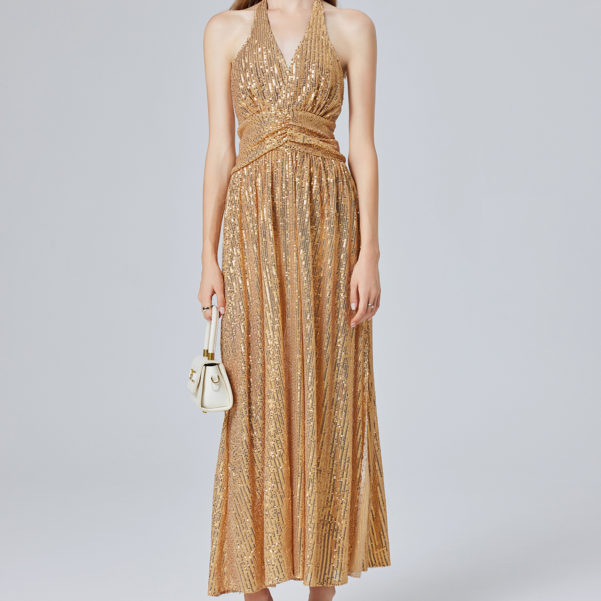 Women Sexy Gold Sequin Halter Backless Split Dress High Waisted A Line Dress