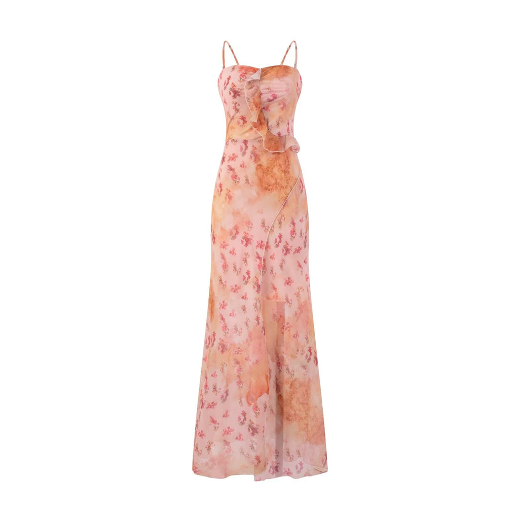 Design Ruffled Stitching Floral Dress Summer Tight Waist Slimming Vacation Maxi Dress Suspender Dress Women