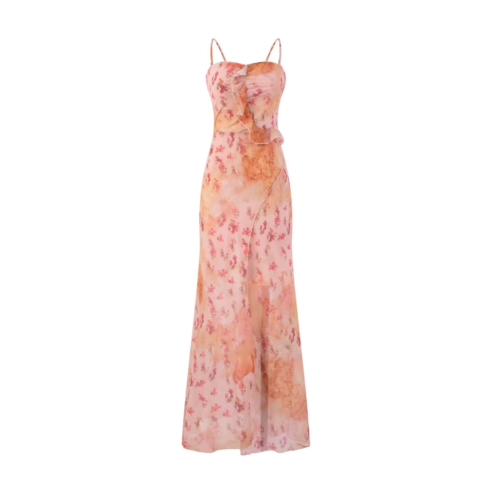 Design Ruffled Stitching Floral Dress Summer Tight Waist Slimming Vacation Maxi Dress Suspender Dress Women