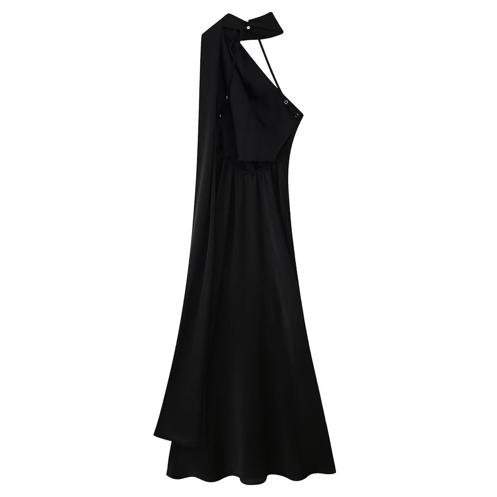 Women Clothing Spring Graceful Fashionable Silk Satin Texture Ribbon Halter Long