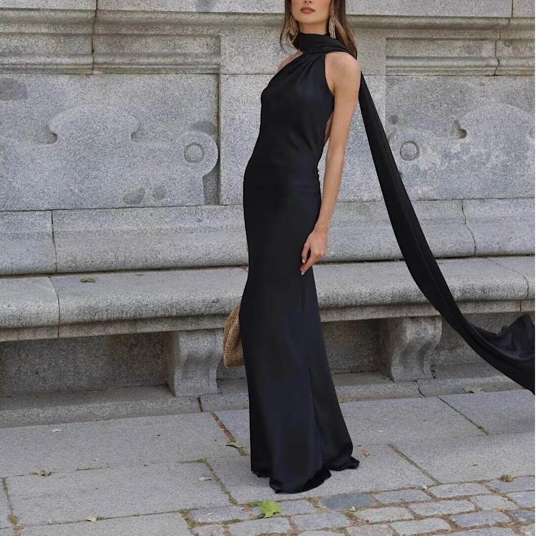 Women Clothing Spring Graceful Fashionable Silk Satin Texture Ribbon Halter Long