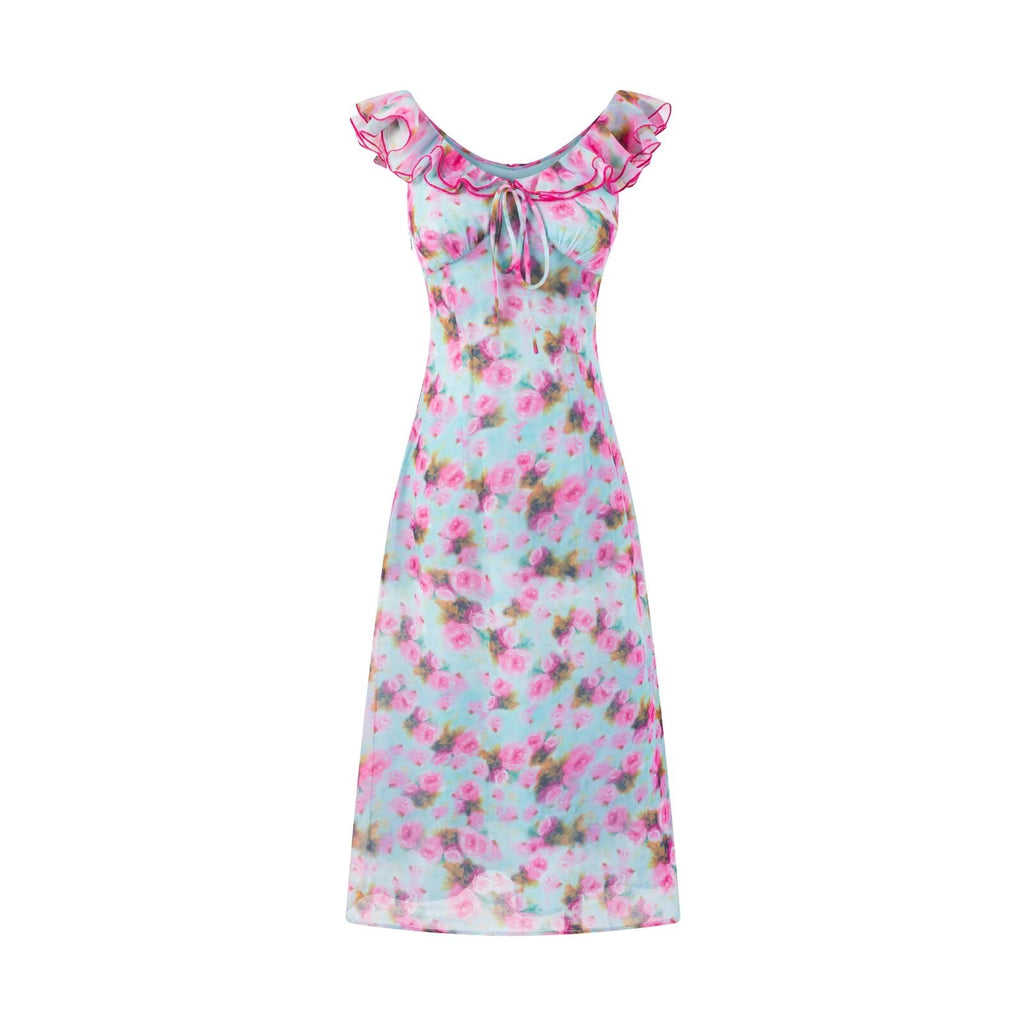 Summer High Grade Waist Tight Slimming Midi Dress Gentle Ruffled V neck Floral Dress