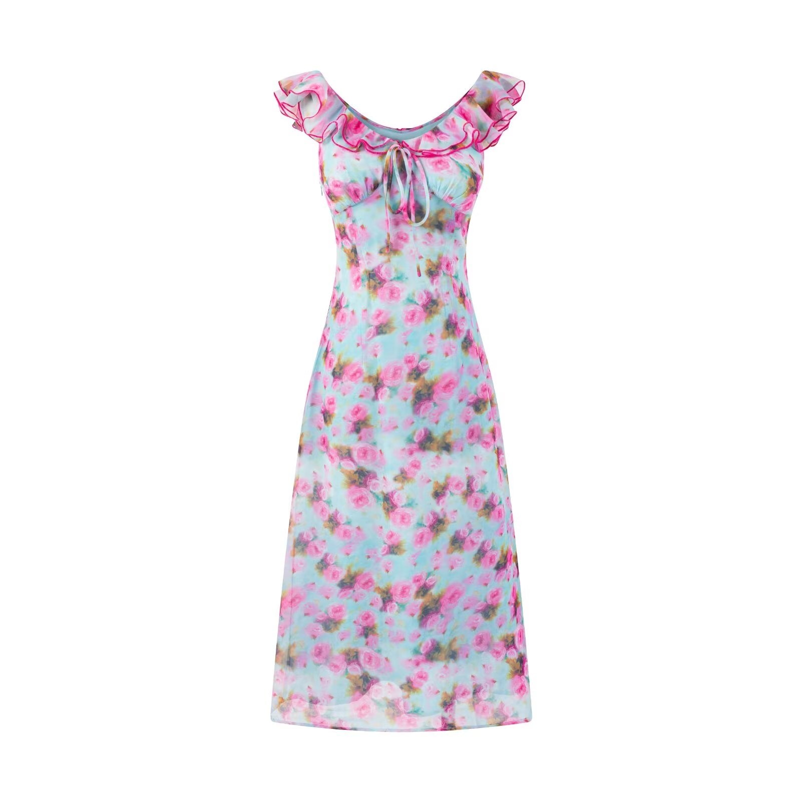 Summer High Grade Waist Tight Slimming Midi Dress Gentle Ruffled V neck Floral Dress