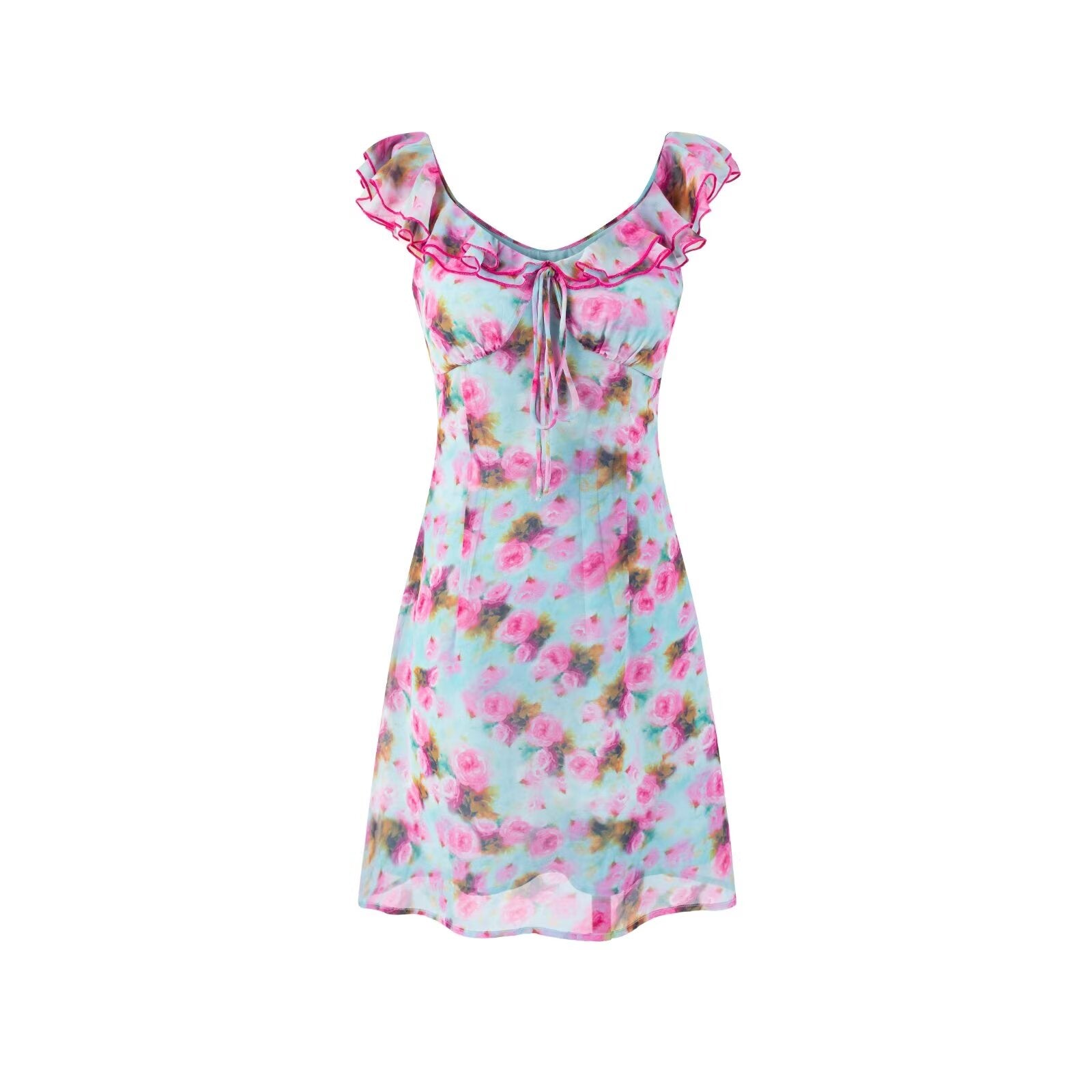 Summer Ruffled V neck Floral Dress Women Advanced Adult Lady like Woman Slim Fit Slimming Dress