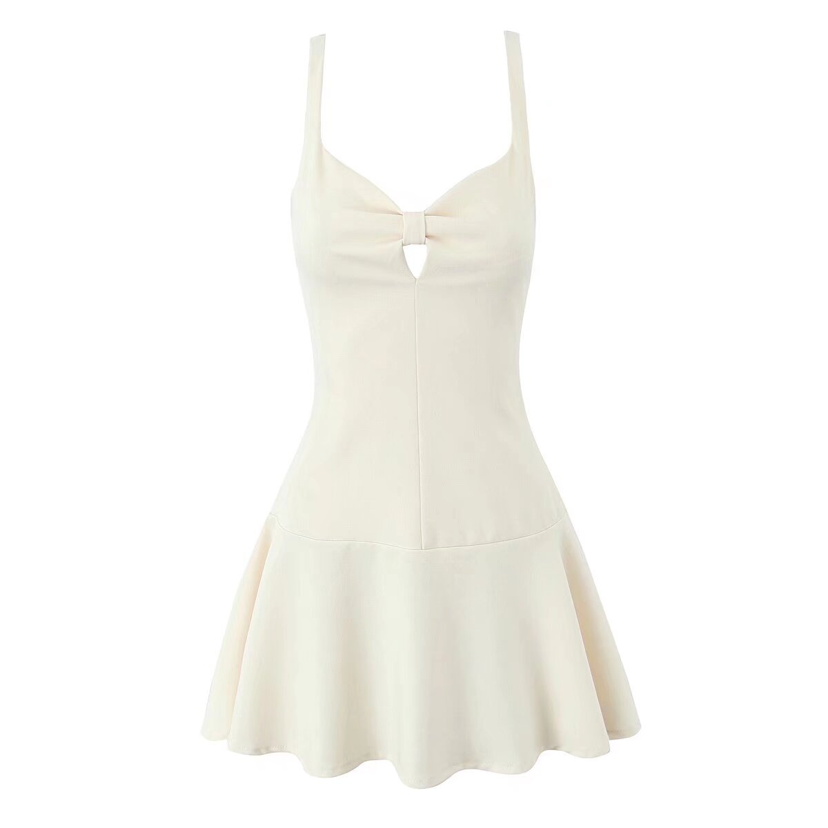 Retro Solid Color Bow Hollow Out Cutout out V neck Backless Slim Fit Sling Dress Spring