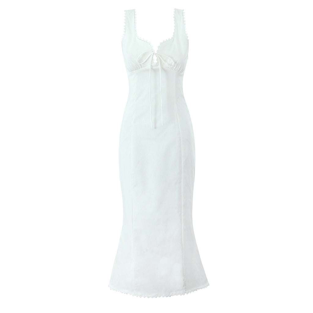 French V neck Lace up Fishtail Dress Women Pure Sexy Backless Slim Fit Maxi Dress