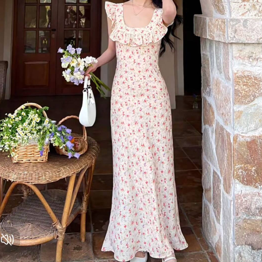 Summer Sweet Ruffled Small Floral Slim Fit Slimming Spaghetti Straps Dress