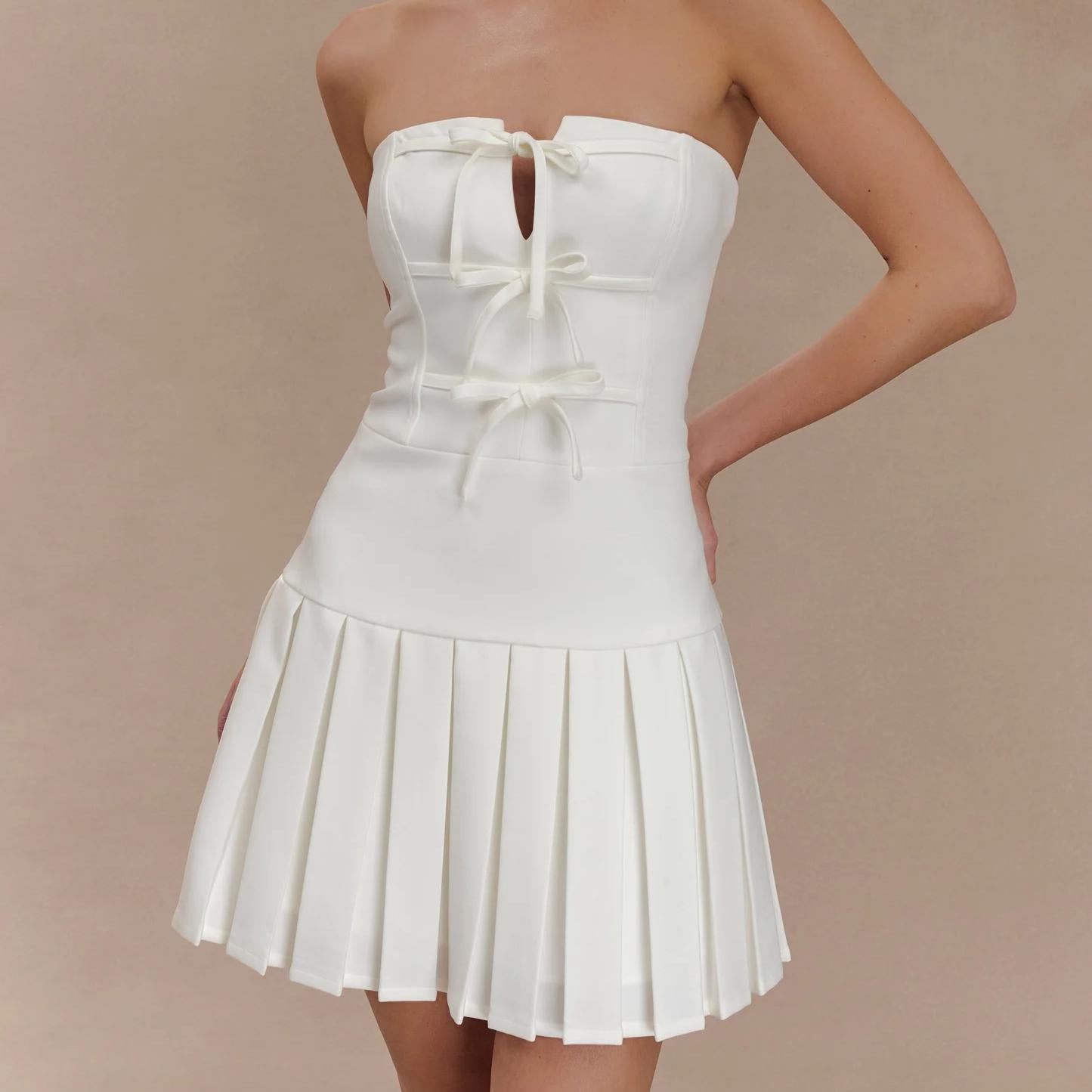 Summer Sexy Bow Lace up Cutout Tube Top A line Pleated Dress