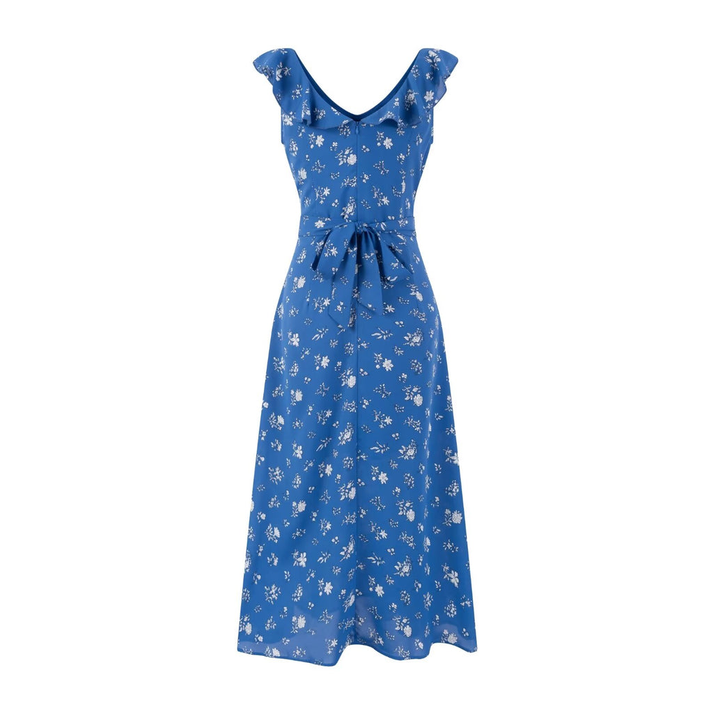 Early Spring Fresh Ruffled V neck Lace up Slim Waist Flying Sleeves Dress