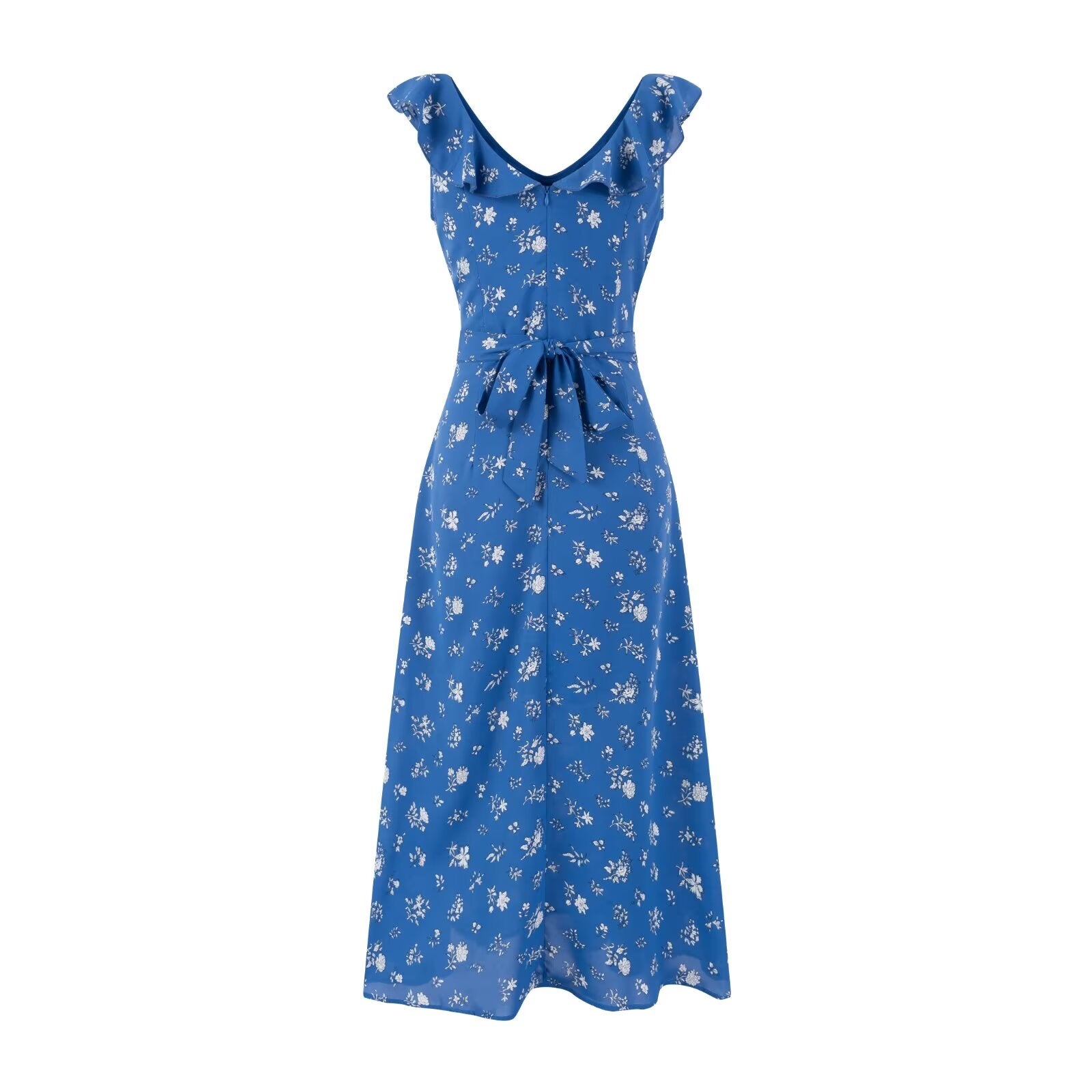 Early Spring Fresh Ruffled V neck Lace up Slim Waist Flying Sleeves Dress