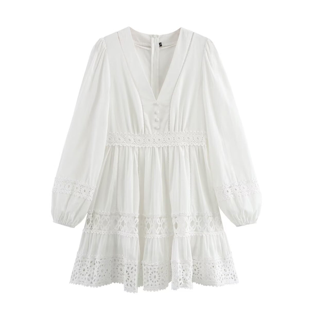 Women Simple V neck Hollow Out Cutout Lace Stitching Long Sleeve Dress