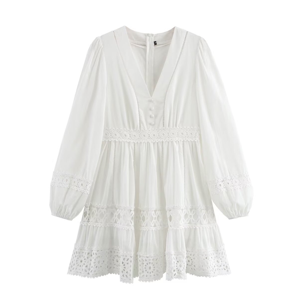 Women Simple V neck Hollow Out Cutout Lace Stitching Long Sleeve Dress