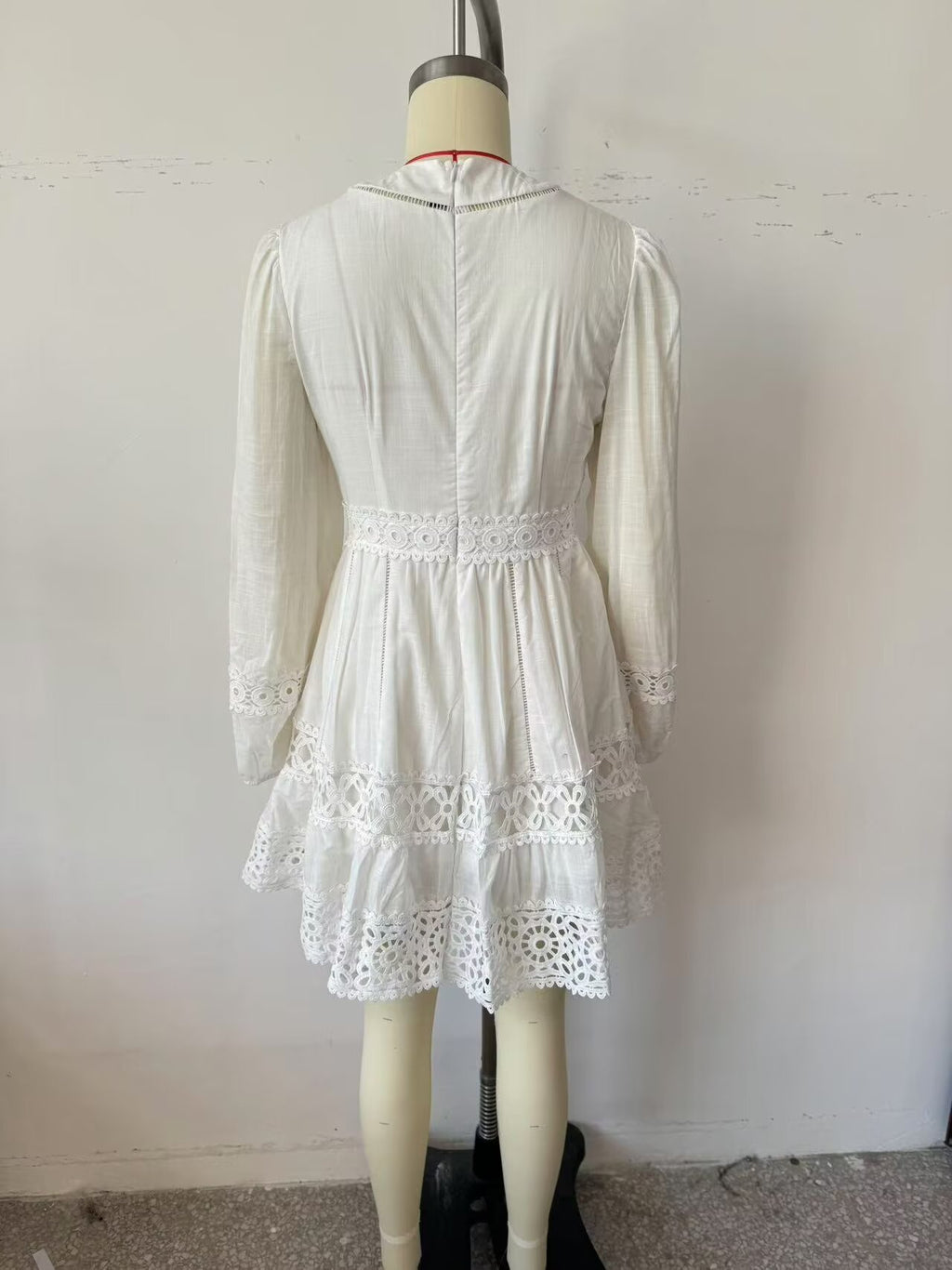Women Simple V neck Hollow Out Cutout Lace Stitching Long Sleeve Dress