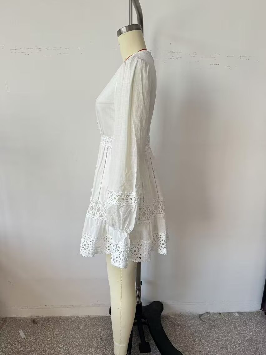 Women Simple V neck Hollow Out Cutout Lace Stitching Long Sleeve Dress
