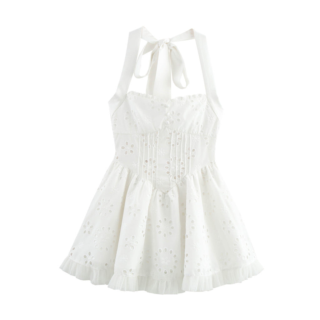 Women Sweet Cutout Embroidery Lace Stitching Halter Lace up Dress