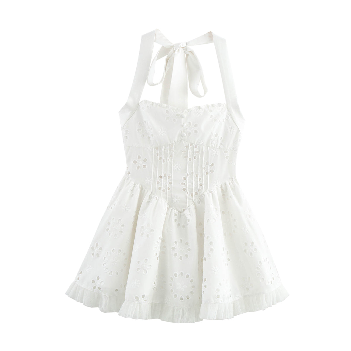 Women Sweet Cutout Embroidery Lace Stitching Halter Lace up Dress