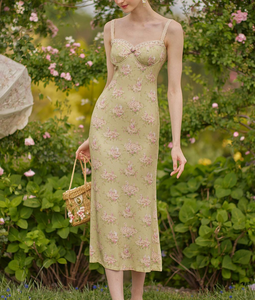Spring Vacation Pastoral Printed Bow Sheath Cami Dress Dress