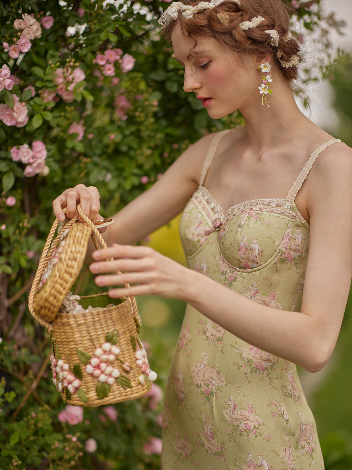 Spring Vacation Pastoral Printed Bow Sheath Cami Dress Dress