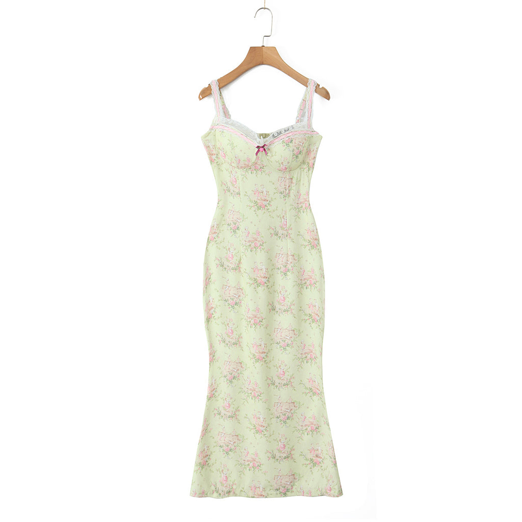 Spring Vacation Pastoral Printed Bow Sheath Cami Dress Dress
