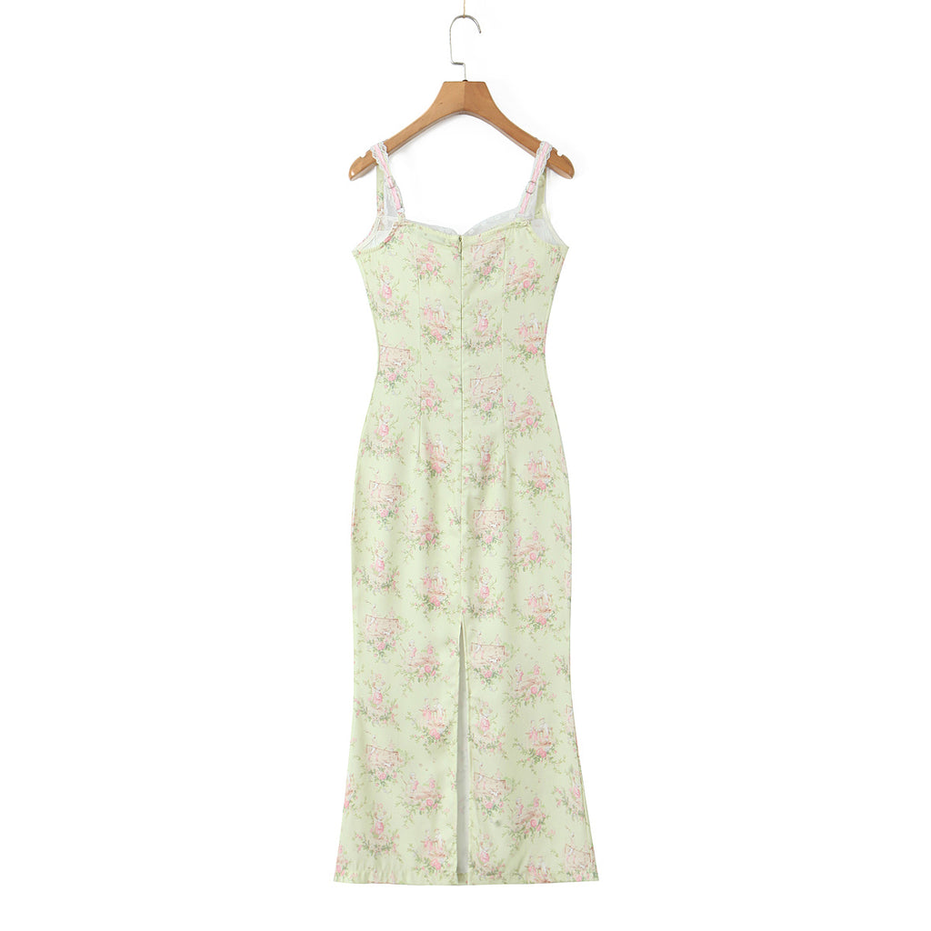 Spring Vacation Pastoral Printed Bow Sheath Cami Dress Dress