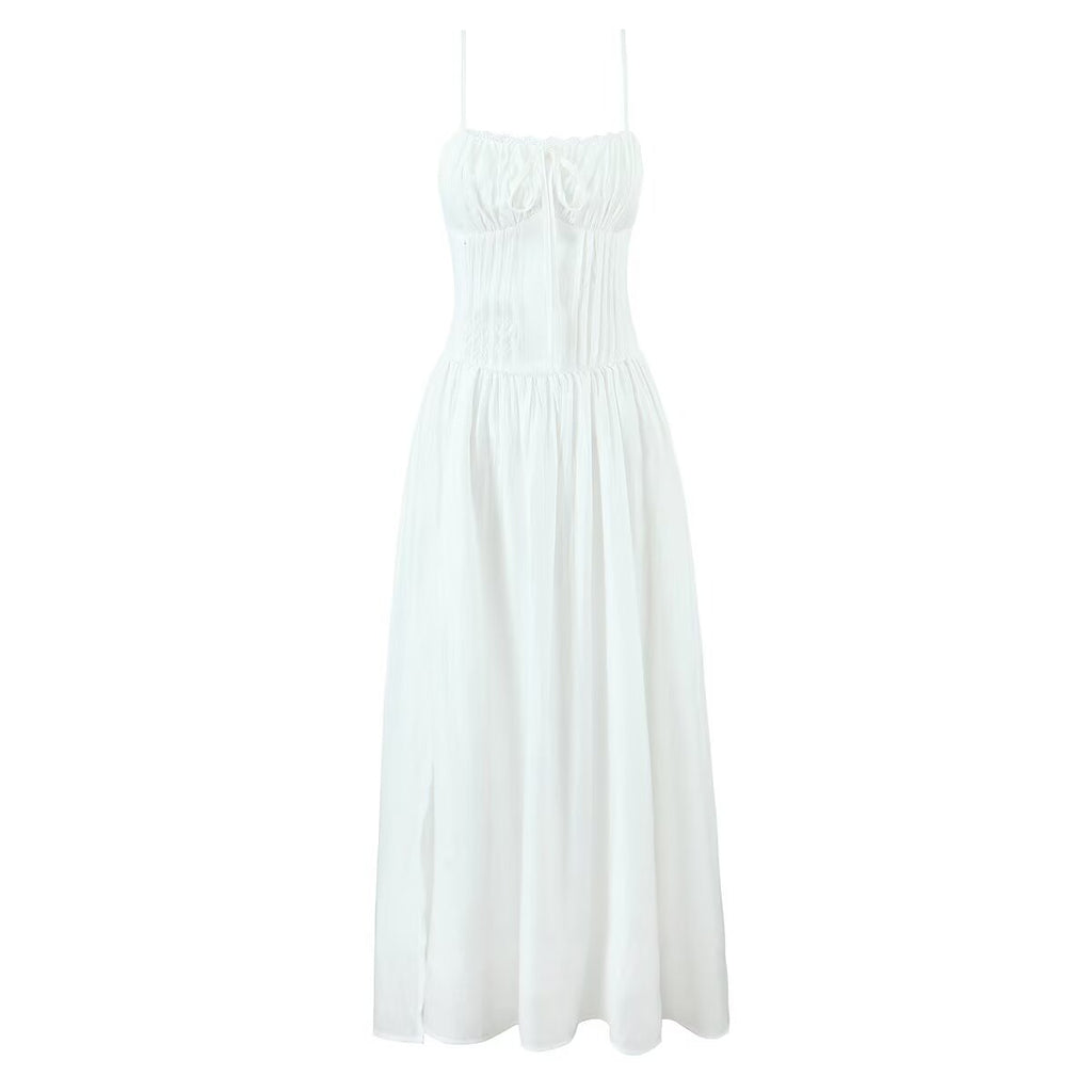 Tight Waist Lace Edge Split Sling Long Summer Crumpled off the Shoulder Bow Lace up Slim Fit Wide Hem Beach Dress