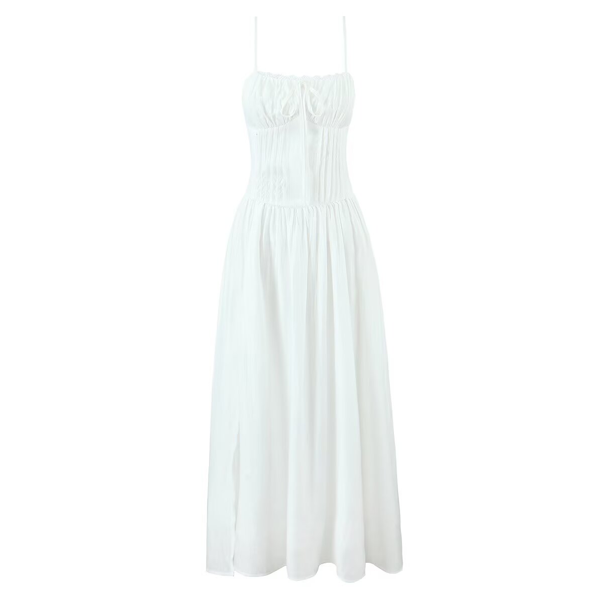 Tight Waist Lace Edge Split Sling Long Summer Crumpled off the Shoulder Bow Lace up Slim Fit Wide Hem Beach Dress