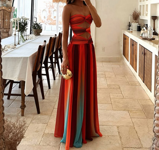 Women Tube Top Hollow Out Cutout Sexy Slim Fit Slimming Dress