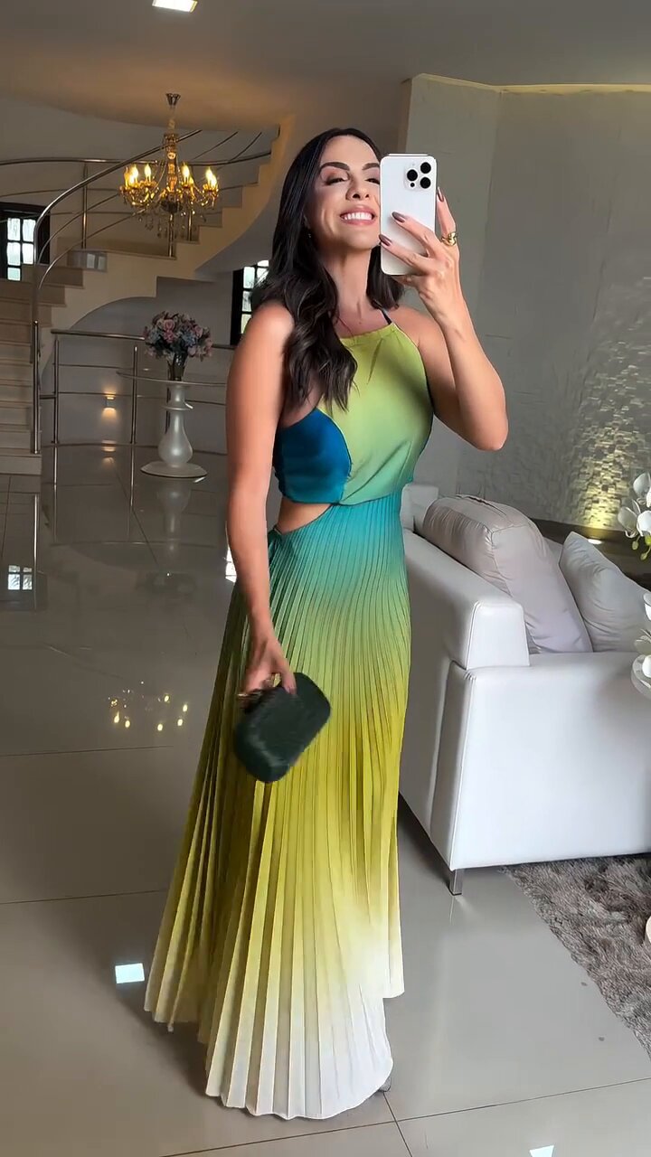 Women Clothing Elegant Halter Pleated Gradient Color Dress Maxi Dress