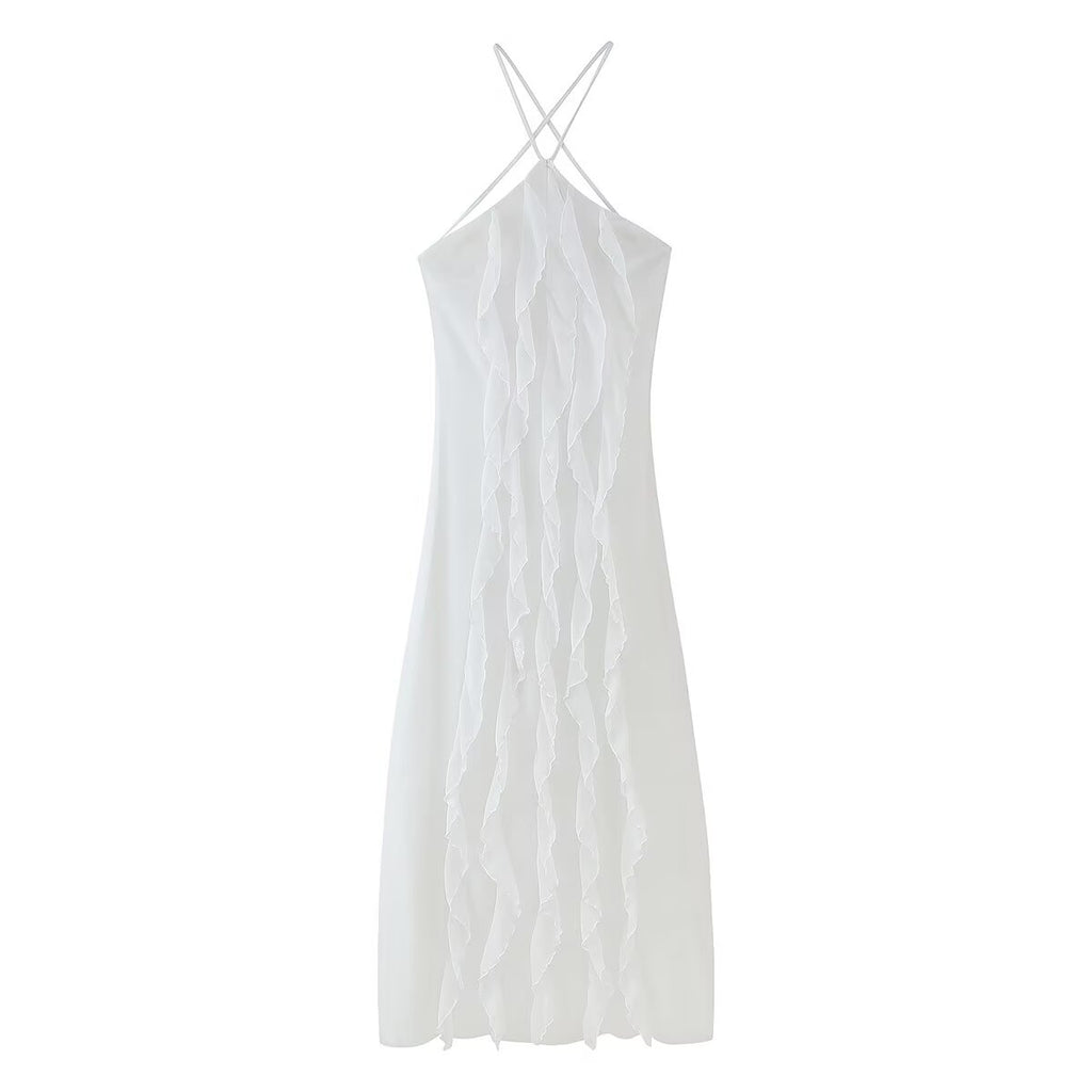 Spring Women Clothing Simple Thin Ruffled Halter Lace up Dress