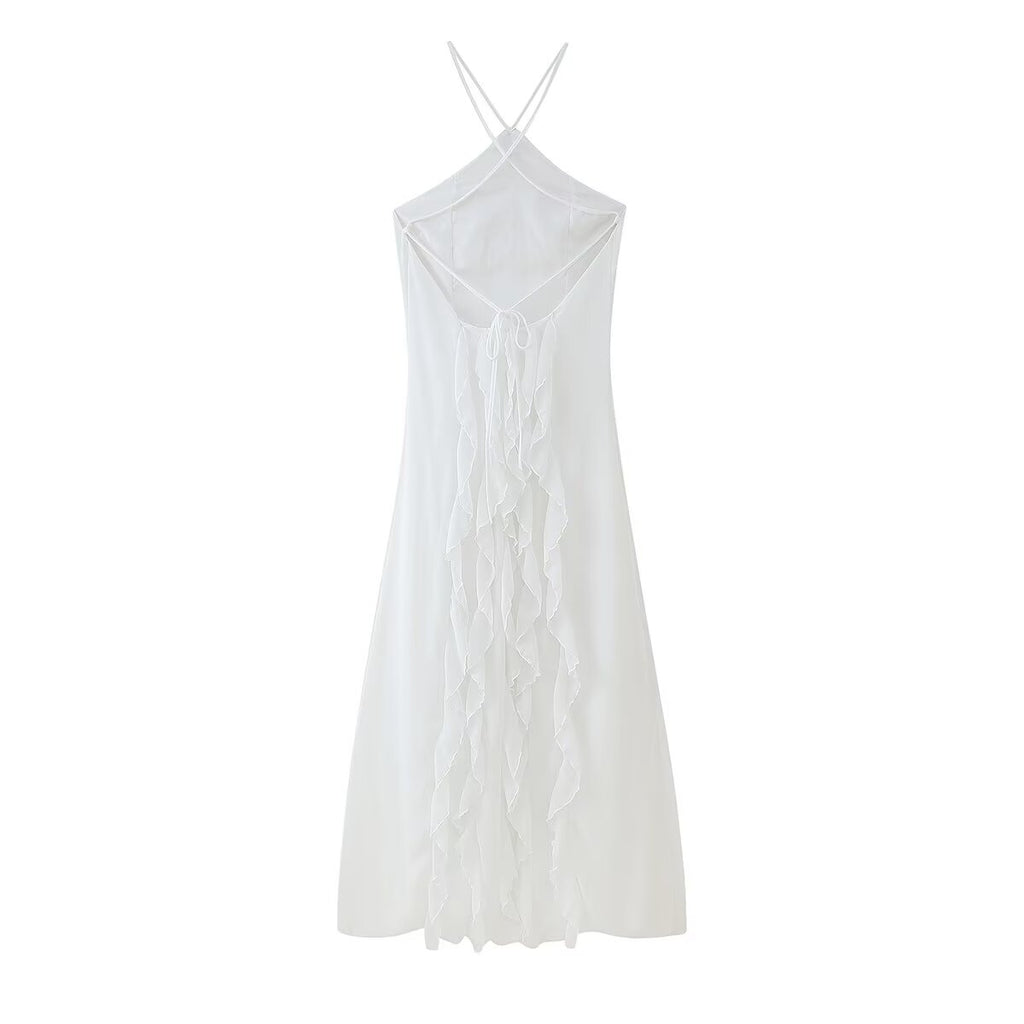 Spring Women Clothing Simple Thin Ruffled Halter Lace up Dress