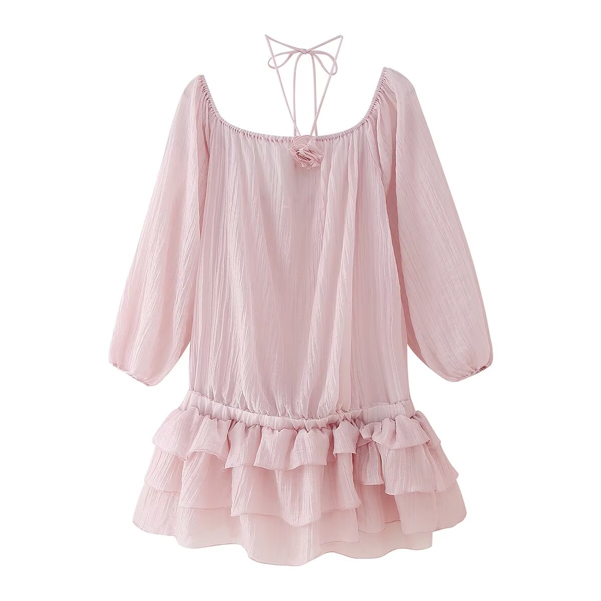 Spring Women Clothing Three Dimensional Floral Pleated Texture See through Ruffled Dress