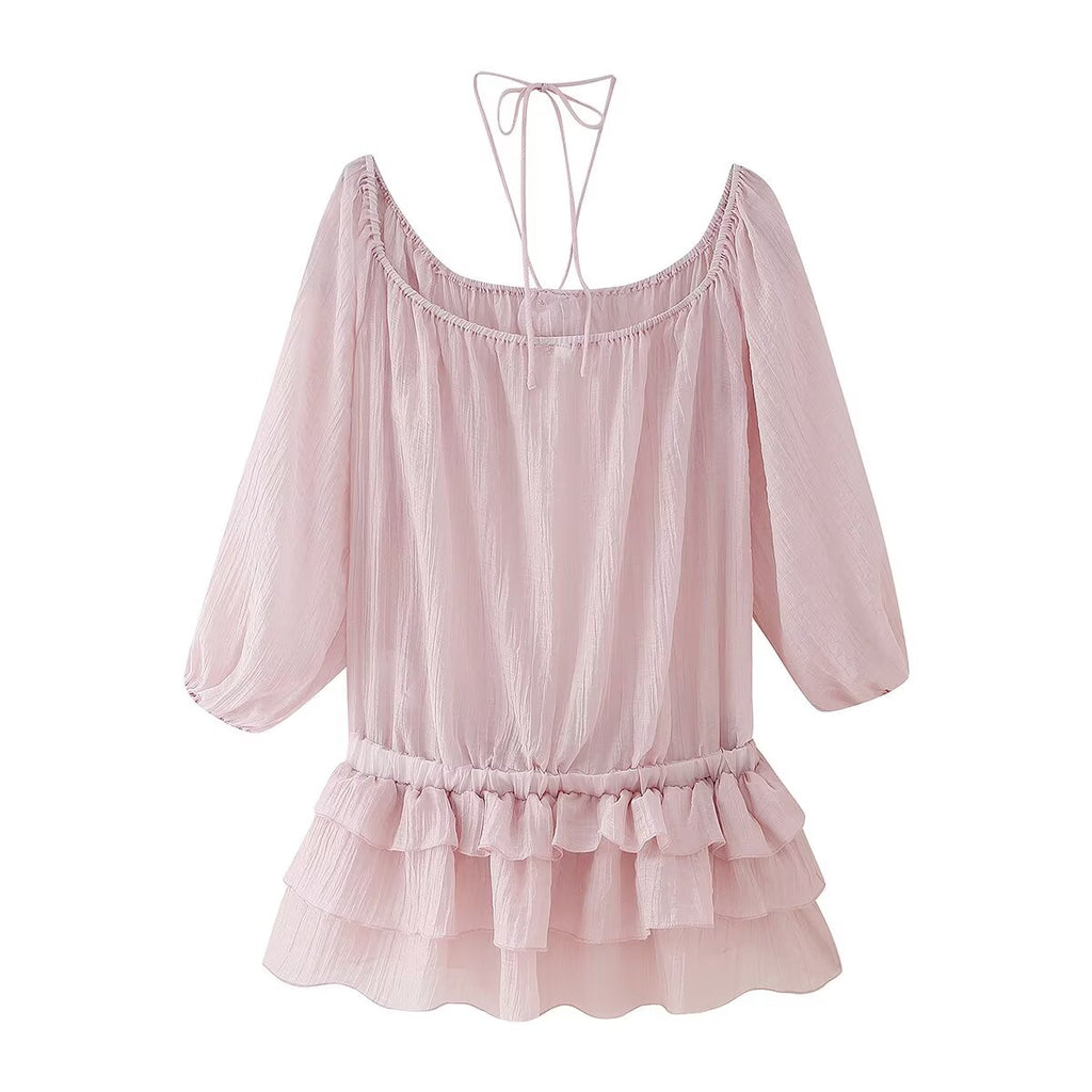 Spring Women Clothing Three Dimensional Floral Pleated Texture See through Ruffled Dress