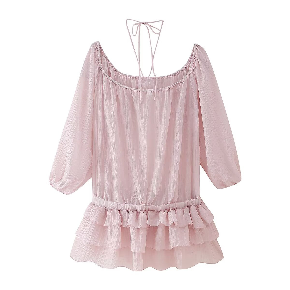 Spring Women Clothing Three Dimensional Floral Pleated Texture See through Ruffled Dress