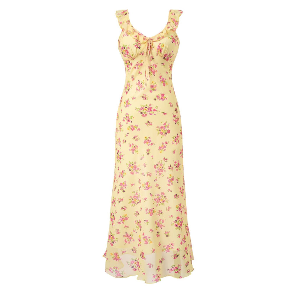 V neck Ruffled Bow Tie Shoulder Floral Suspender Tight Waist Slim Seaside Vacation Dress