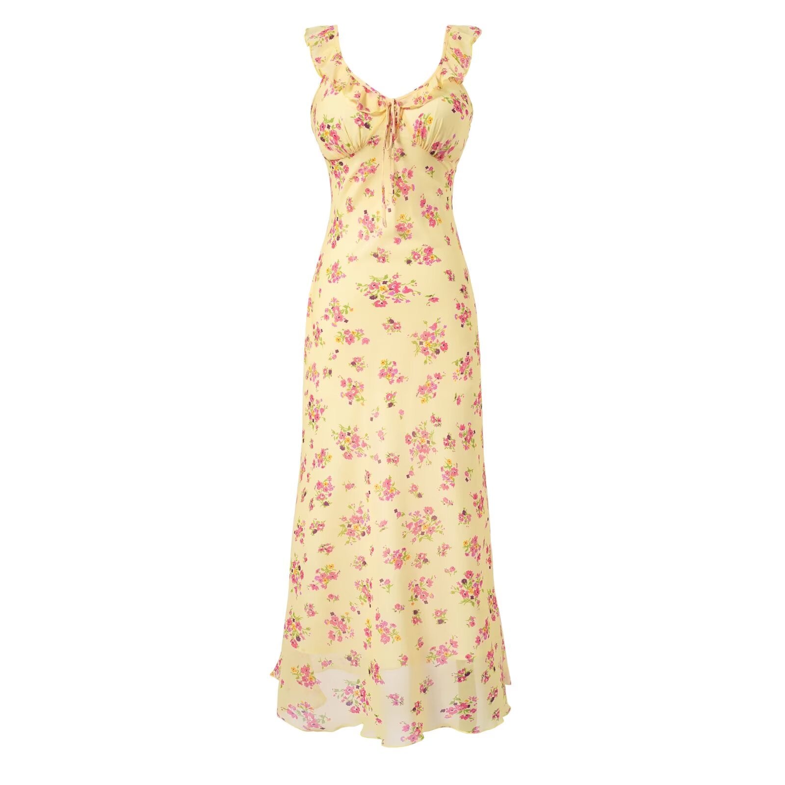 V neck Ruffled Bow Tie Shoulder Floral Suspender Tight Waist Slim Seaside Vacation Dress