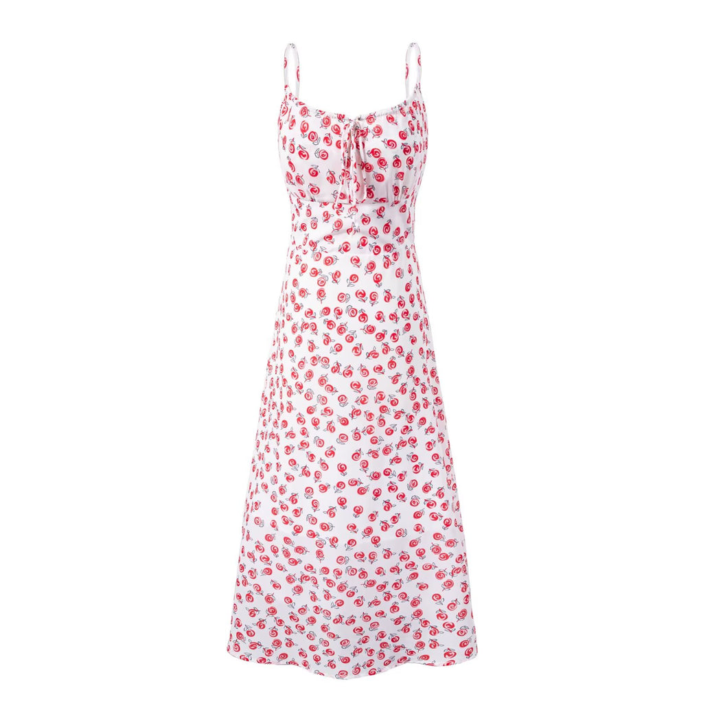 Sweet Printed Sleeveless Mid Length Dress Square Collar Sexy Slim Fit Backless Cami Dress
