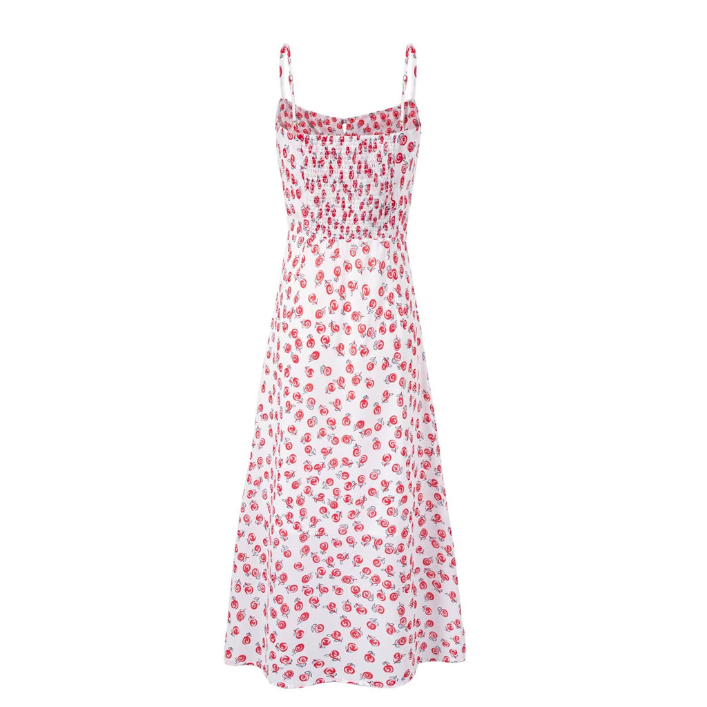 Sweet Printed Sleeveless Mid Length Dress Square Collar Sexy Slim Fit Backless Cami Dress