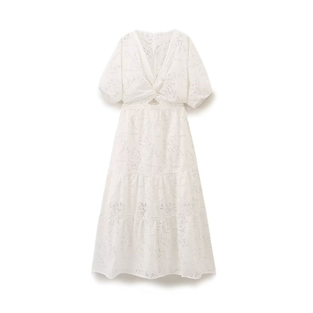 Women Clothing Summer Holiday Dress Bowknot Decoration Hollow Out Cutout Embroidery