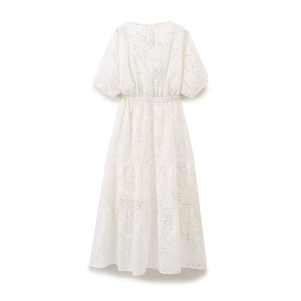 Women Clothing Summer Holiday Dress Bowknot Decoration Hollow Out Cutout Embroidery