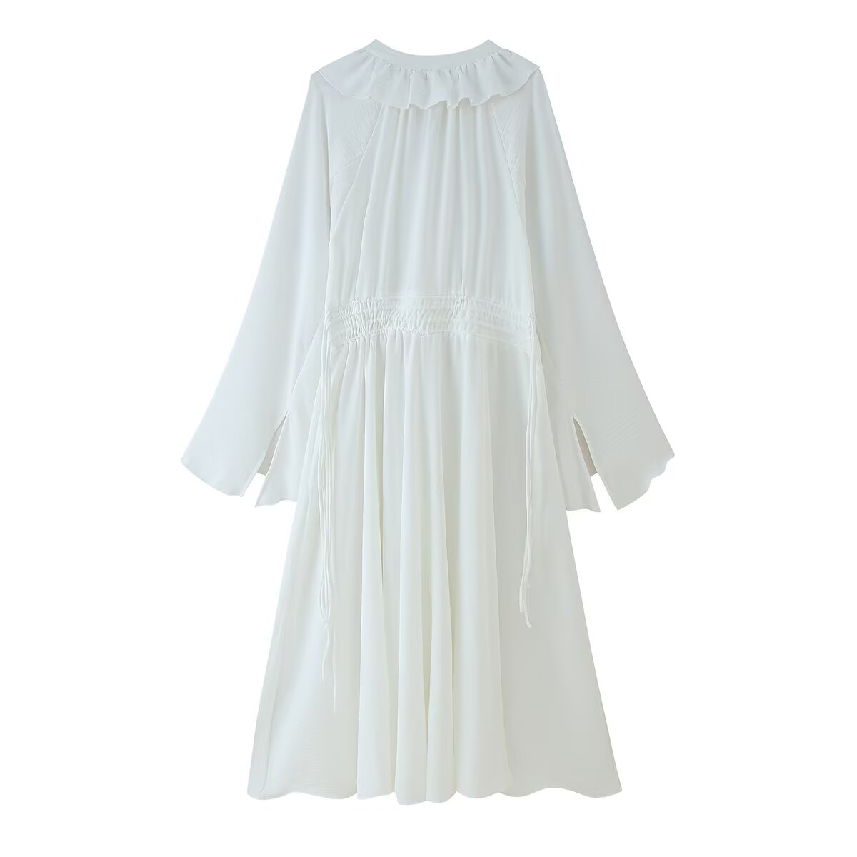 Women Ruffled Lace up Drawstring Long Sleeve Dress