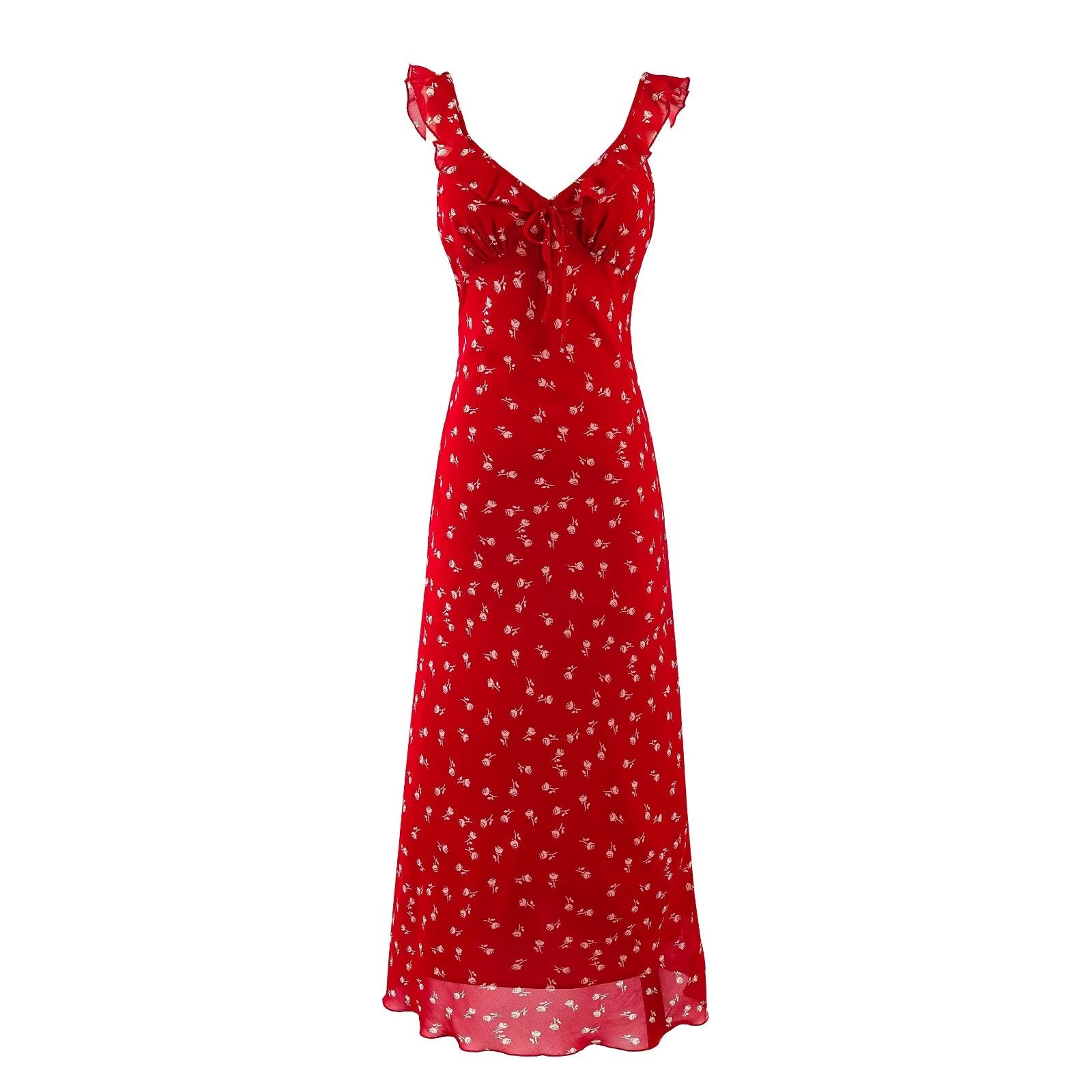 Spring Vacation Elegant Bright Red Floral Printed V neck Maxi Dress