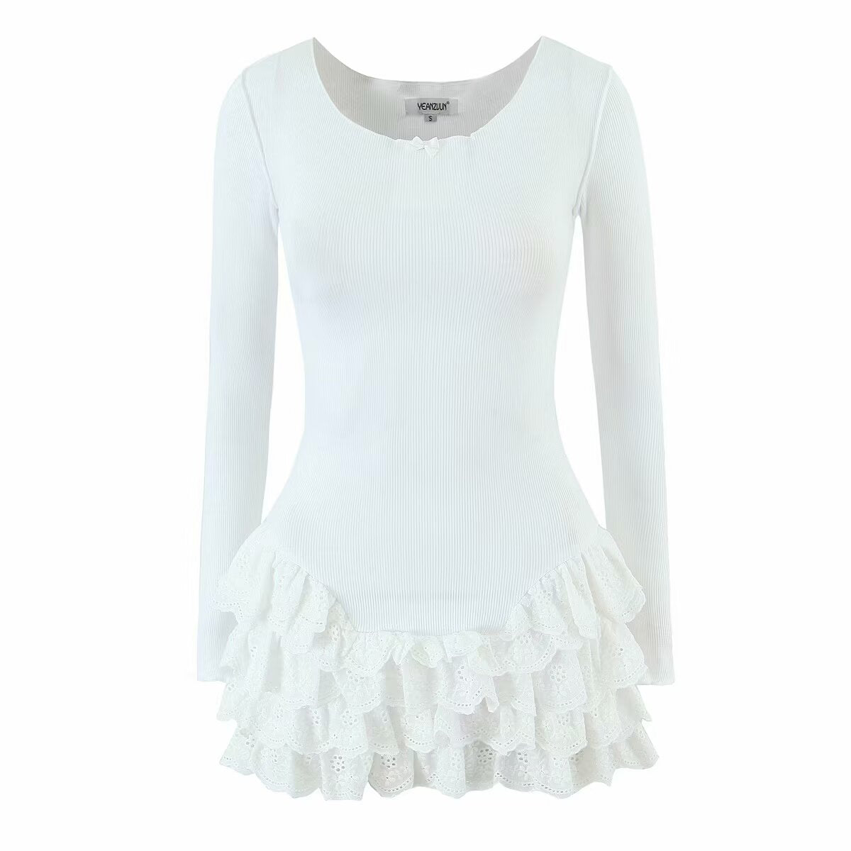 Ballet Girl Sexy Multi Layer Ruffled Tiered Dress Short Slim Fit Cinched Short Dress round Neck Long Sleeved Dress