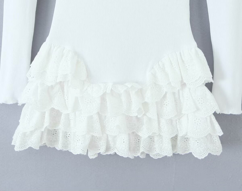 Ballet Girl Sexy Multi Layer Ruffled Tiered Dress Short Slim Fit Cinched Short Dress round Neck Long Sleeved Dress
