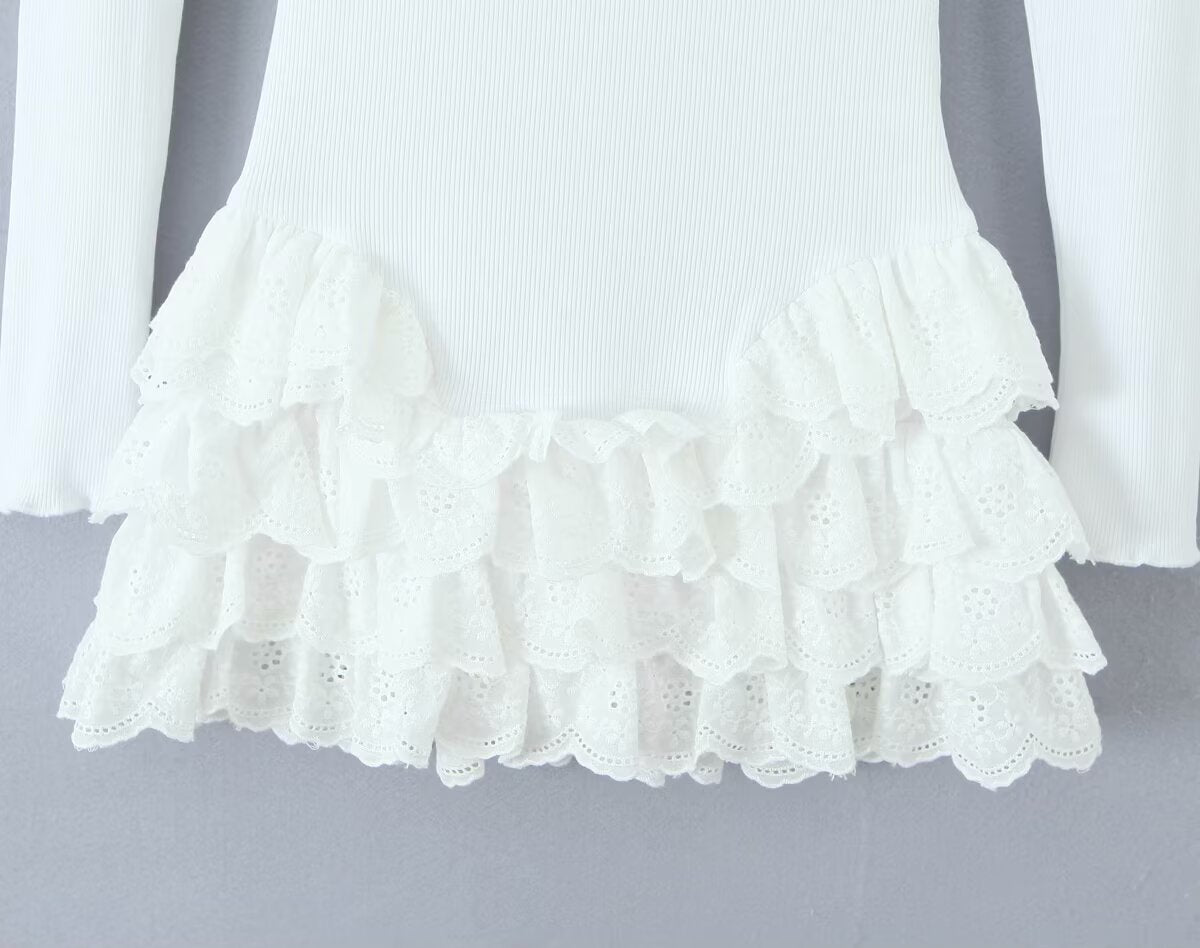 Ballet Girl Sexy Multi Layer Ruffled Tiered Dress Short Slim Fit Cinched Short Dress round Neck Long Sleeved Dress