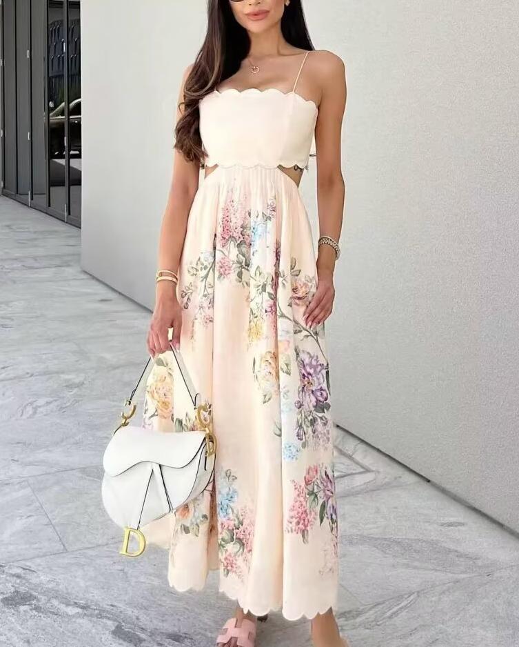 Women Dignified Hollow Out Cutout Design Cropped Outfit Embroidery Printing Slip Dress